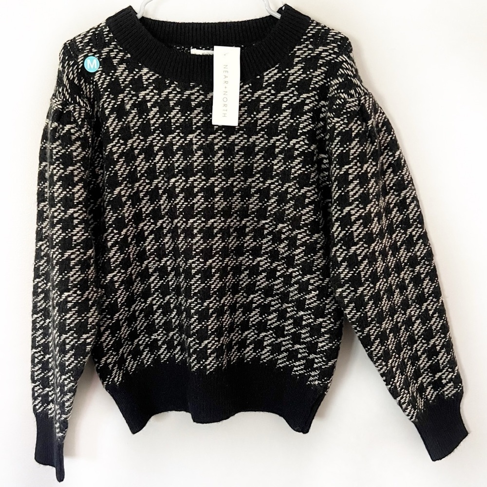 NWT Lush Houndstooth Crew Neck Sweater Medium Preppy Academia Office Career